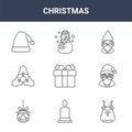 9 christmas icons pack. trendy christmas icons on white background. thin outline line icons such as deer, santa claus, snowman .