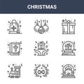 9 christmas icons pack. trendy christmas icons on white background. thin outline line icons such as fire place, christmas ball, Royalty Free Stock Photo