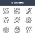9 christmas icons pack. trendy christmas icons on white background. thin outline line icons such as ballons, christmas card, donut