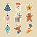 Christmas icons, Patches, Pins, Stamps, Stickers. Cute Trendy characters