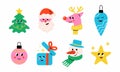 Christmas icons, Patches, Pins, Stamps, Stickers. Cute Trendy characters