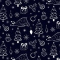 Christmas icons seamless pattern, Happy Winter Holiday tile background. Doodle outline ornamental design elements Royalty Free Stock Photo