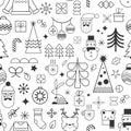 Christmas icons seamless pattern. Minimal black and white winter holiday repeat background. Vector New Year wallpaper Royalty Free Stock Photo