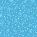 Christmas icons seamless pattern, Christmas ornaments, seamless pattern for Christmas and New Year on blue background. Royalty Free Stock Photo