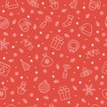 Christmas icons seamless pattern, Christmas ornaments, seamless pattern for Christmas and New Year on red background. Royalty Free Stock Photo