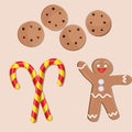 Christmas icons set, biscuits, gingerbread man and candy canes Royalty Free Stock Photo