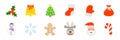 Christmas Icons Set. Holly, Christmas Bell, decorated Christmas Tree, Santa Claus Sock and Mitten, Gift Bag, Snowman, Snowflake,