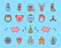 Christmas icons set, Zodiac year of the Pig 2019, New Year isolated symbols. Colorful Christmas line icons. Holiday Royalty Free Stock Photo