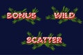 Christmas icons for slots. Bonus, Scatter and wild text. Vector set New Years icons