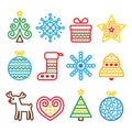 Christmas icons with stroke - Xmas tree, present, reindeer Royalty Free Stock Photo
