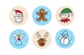 Christmas icons vector set of cartoon characters. Santa Claus, ginger man, elf, angel, deer and snowman. One continuous