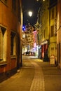 Christmas illumination on a street in Colmar Old town, Alsace, France. Royalty Free Stock Photo