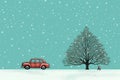 Christmas illustration background merry holiday tree car xmas winter snow background Royalty Free Stock Photo