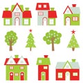 Christmas illustration with colorful house and Xmas tree suitable for Children Xmas sticker set and clip art