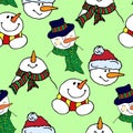 Christmas illustration. Colorful snowmen. New Year card. Seamles pattern. Royalty Free Stock Photo