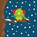 Christmas illustration with cute bird sleeps on snowfall at night background suitable for Xmas kid greeting season, wallpaper, and