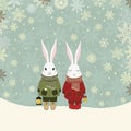 Christmas illustration with cute cartoon rabbits in snow