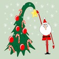 Christmas illustration, cute cartoon tall Santa pulls out a star from a decorated Christmas tree. Children\'s postcard