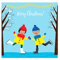 Christmas illustration with cute girl and boy ice skating in the winter forest Royalty Free Stock Photo