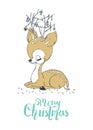 Christmas illustration of a cute little deer. Merry Christmas