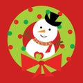 Christmas illustration with cute snowman on Xmas wreath on red background