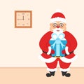 Christmas illustration. The interior of the room. Santa with gift in hand and a wall clock.