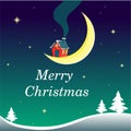 Christmas illustration with a little house on the moon in the night sky with stars and snowy hills and fir trees Royalty Free Stock Photo