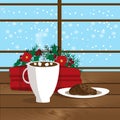 Christmas illustration of mug with hot cocoa, cookies on the plate and plaid near window