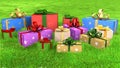 Christmas gifts arranged on a grassy meadow