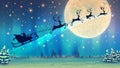 Christmas illustration with Reindeer team, Santa and bag of gifts in the sleigh, dark deers silhouette over moon light in sky Royalty Free Stock Photo