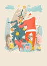 Christmas illustration with Santa Claus and forest animals decorating the Christmas tree