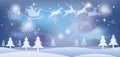 Christmas illustration with Santa Claus and reindeers flying over a snowy forest. Royalty Free Stock Photo