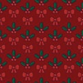 Christmas illustration seamless pattern. bows and holly on red background