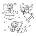 Christmas illustration, set of hand drawn contour cute praying angels with heart, card for family Royalty Free Stock Photo