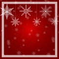 Christmas illustration with several hanging snowflakes on red background