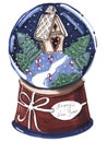 Christmas illustration sketch in cartoon style for children christmas snow globe inside the house christmas tree lollipops