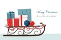 Christmas Illustration. Sleigh filled with gift boxes and shopping bags. Royalty Free Stock Photo