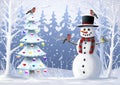 Christmas illustration. Snowman, Christmas tree, wild bird, winter landscape. Royalty Free Stock Photo