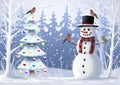 Christmas illustration. Snowman, Christmas tree, wild bird, winter landscape.