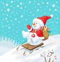 Christmas illustration. Snowman on sled with christmas gifts.