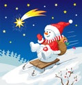 Christmas illustration. Snowman on sled with christmas gifts.