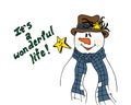 Christmas illustration. Snowman wearing a scarf and hat. It's a Wonderful Life. Christmas card.