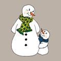 Christmas illustration. Snowmen in scarves, adults and children. Christmas card. Royalty Free Stock Photo