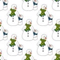 Christmas illustration. Snowmen in scarves, adults and children. Christmas card. Seamless pattern. Royalty Free Stock Photo