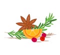 Christmas illustration with star anise, rosemary sprig, cranberry and orange. Isolated on white background. Winter spices. Holiday Royalty Free Stock Photo