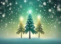 Christmas Illustration - Three glowing pine trees in a magical misty forest with snowflake