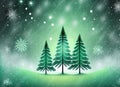 Christmas Illustration - Three glowing pine trees in a magical misty forest with snowflake