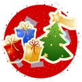 Christmas illustration with tree and gifts on red circle. Vector art Royalty Free Stock Photo