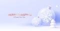 Christmas illustration of white Christmas balls with snowflake and tree on light snow landscape with golden text Royalty Free Stock Photo