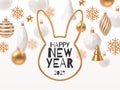 Christmas illustration with white and gold baubles and decoration. Christmas greeting card with golden rabbit outline.